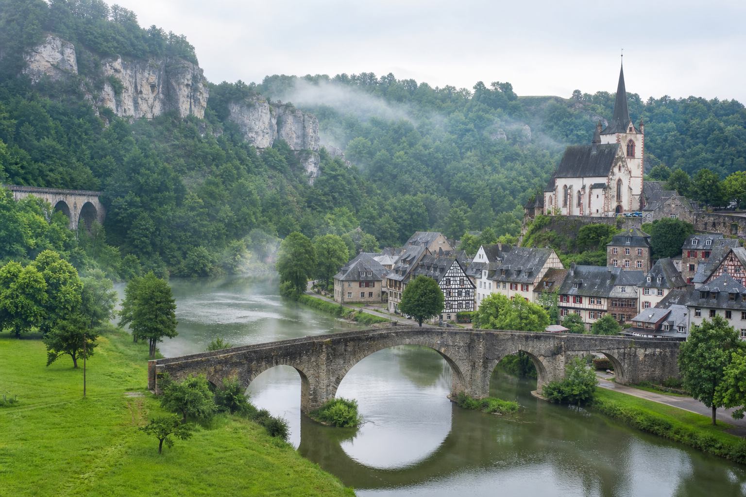 Grünes Flusstal mit Dorf und sanften Hügeln in Deutschland