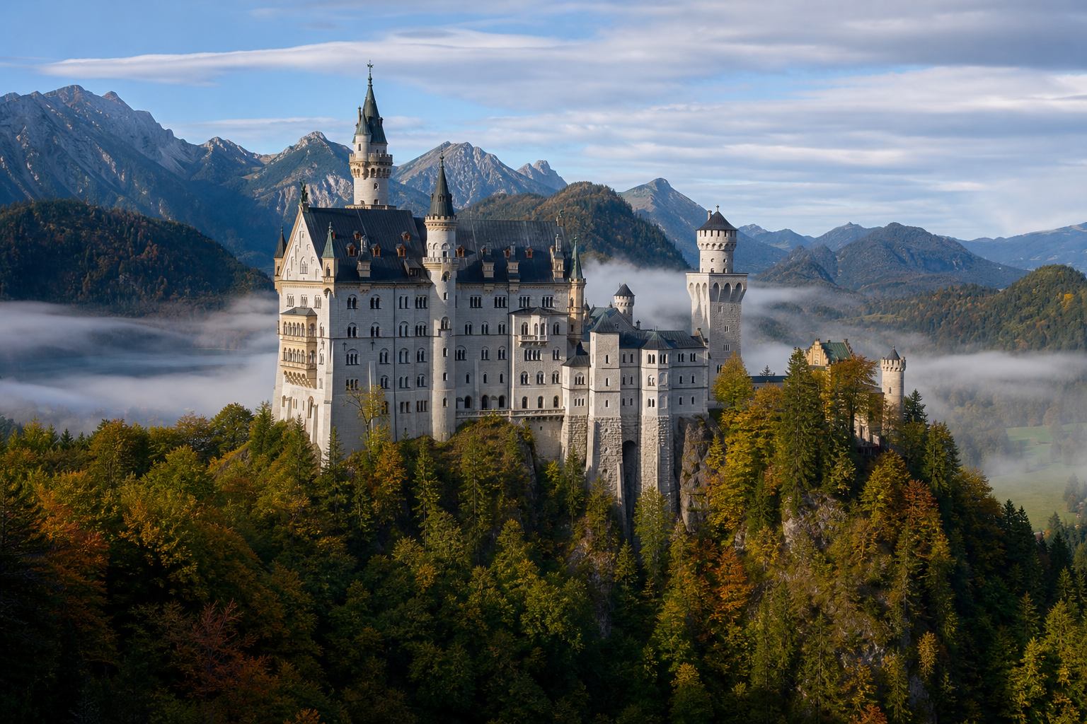 Schloss Neuschwanstein in alpiner Landschaft